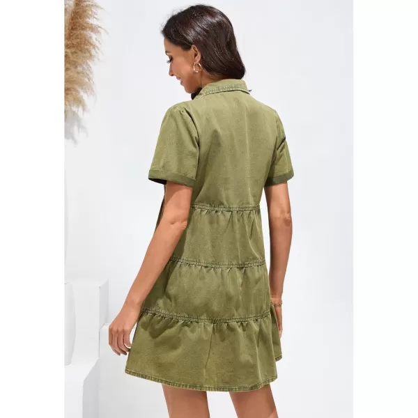 GRAPENT Denim Dress for Women Babydoll Tiered Short Sleeve Button Down Jean Shirt DressesArmy Green