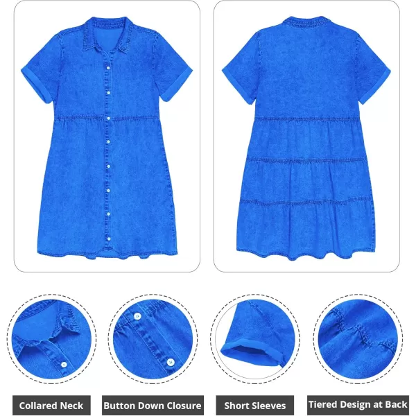 GRAPENT Denim Dress for Women Babydoll Tiered Short Sleeve Button Down Jean Shirt DressesFrench Blue