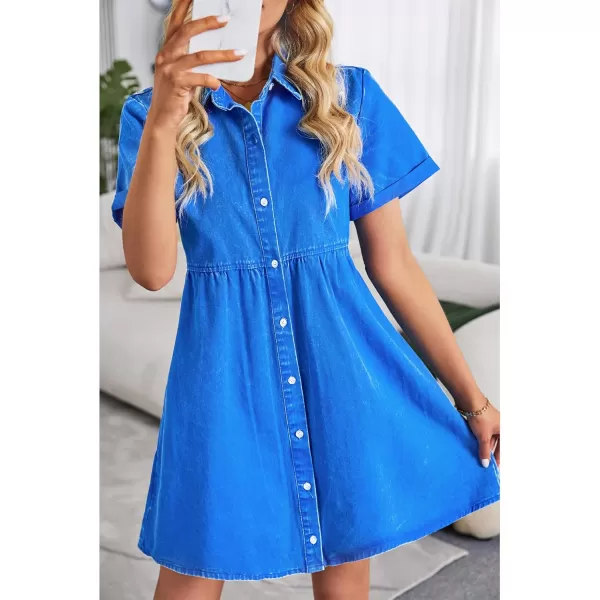 GRAPENT Denim Dress for Women Babydoll Tiered Short Sleeve Button Down Jean Shirt DressesFrench Blue