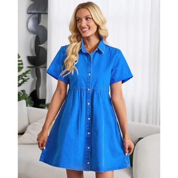 GRAPENT Denim Dress for Women Babydoll Tiered Short Sleeve Button Down Jean Shirt DressesFrench Blue