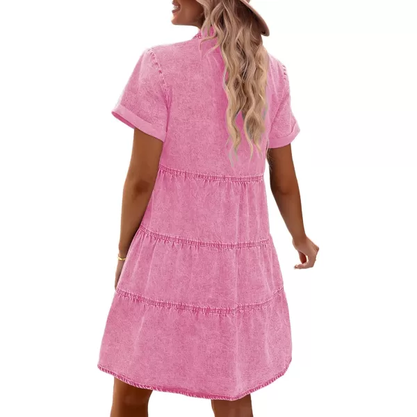 GRAPENT Denim Dress for Women Babydoll Tiered Short Sleeve Button Down Jean Shirt DressesHeart Print  Aurora Powder