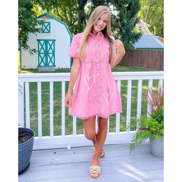GRAPENT Denim Dress for Women Babydoll Tiered Short Sleeve Button Down Jean Shirt DressesHeart Print  Aurora Powder