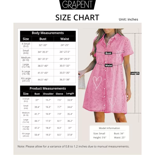 GRAPENT Denim Dress for Women Babydoll Tiered Short Sleeve Button Down Jean Shirt DressesHeart Print  Aurora Powder