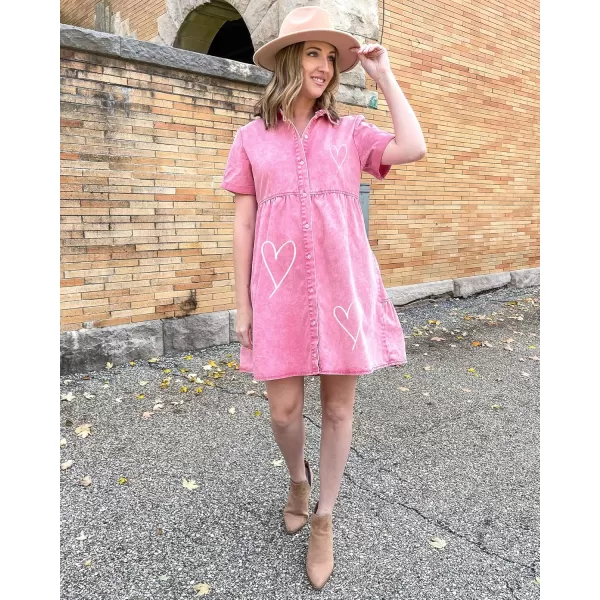 GRAPENT Denim Dress for Women Babydoll Tiered Short Sleeve Button Down Jean Shirt DressesHeart Print  Aurora Powder