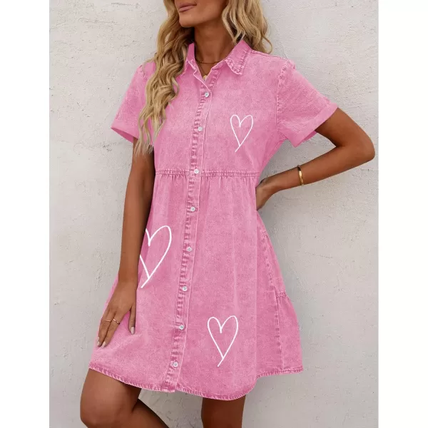 GRAPENT Denim Dress for Women Babydoll Tiered Short Sleeve Button Down Jean Shirt DressesHeart Print  Aurora Powder