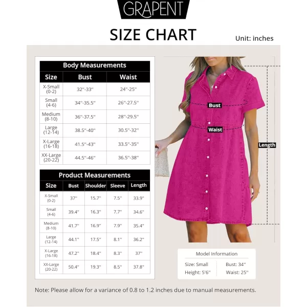 GRAPENT Denim Dress for Women Babydoll Tiered Short Sleeve Button Down Jean Shirt DressesHot Pink