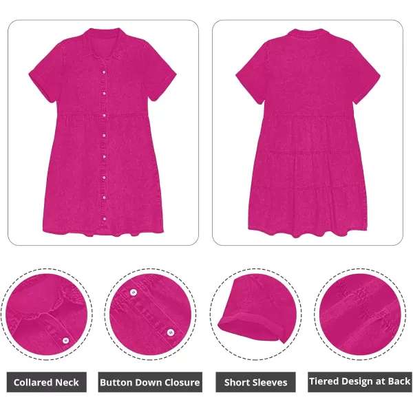 GRAPENT Denim Dress for Women Babydoll Tiered Short Sleeve Button Down Jean Shirt DressesHot Pink
