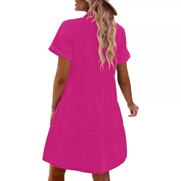 GRAPENT Denim Dress for Women Babydoll Tiered Short Sleeve Button Down Jean Shirt DressesHot Pink