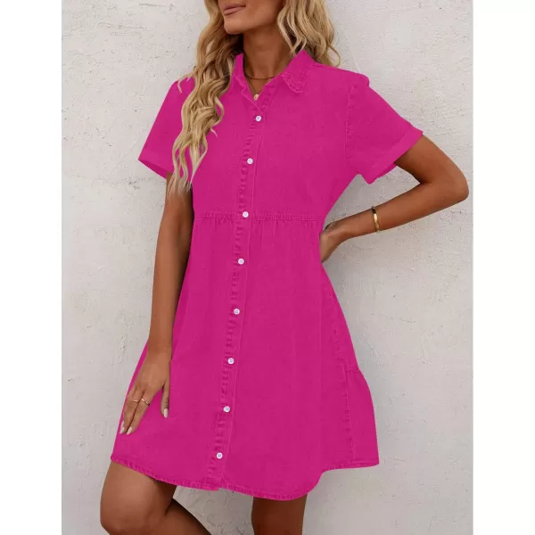 GRAPENT Denim Dress for Women Babydoll Tiered Short Sleeve Button Down Jean Shirt DressesHot Pink