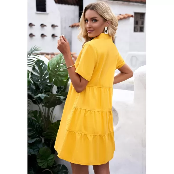 GRAPENT Denim Dress for Women Babydoll Tiered Short Sleeve Button Down Jean Shirt DressesLemon Chrome Yellow