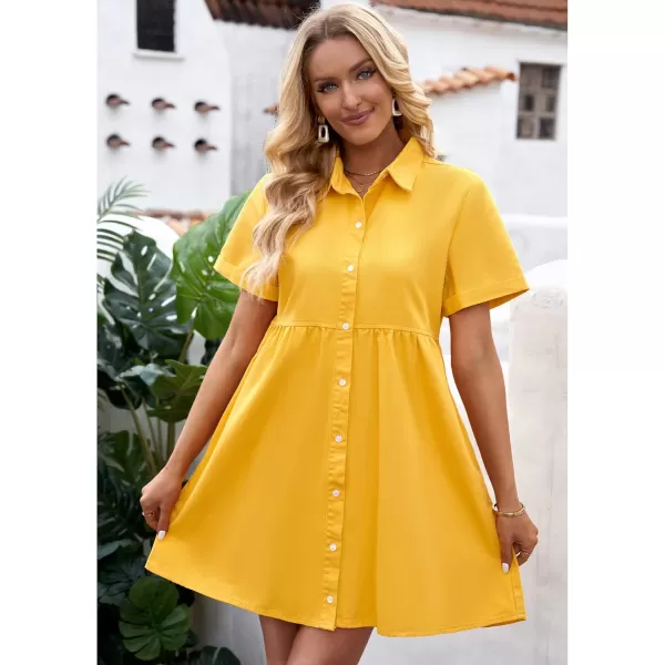 GRAPENT Denim Dress for Women Babydoll Tiered Short Sleeve Button Down Jean Shirt DressesLemon Chrome Yellow