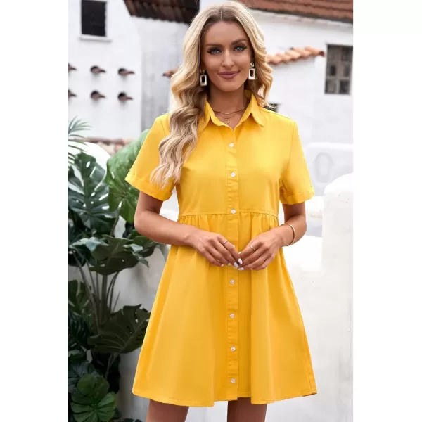 GRAPENT Denim Dress for Women Babydoll Tiered Short Sleeve Button Down Jean Shirt DressesLemon Chrome Yellow