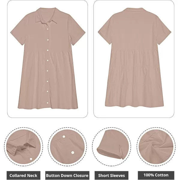 GRAPENT Denim Dress for Women Babydoll Tiered Short Sleeve Button Down Jean Shirt DressesLight Taupe