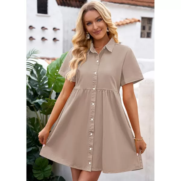GRAPENT Denim Dress for Women Babydoll Tiered Short Sleeve Button Down Jean Shirt DressesLight Taupe