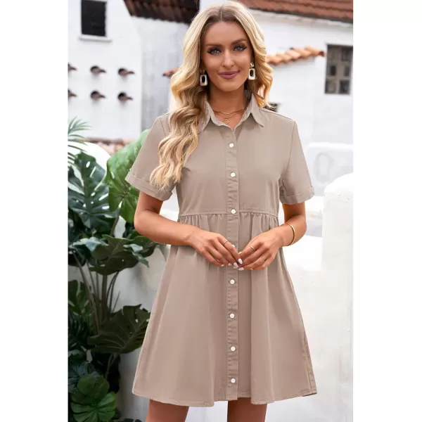 GRAPENT Denim Dress for Women Babydoll Tiered Short Sleeve Button Down Jean Shirt DressesLight Taupe
