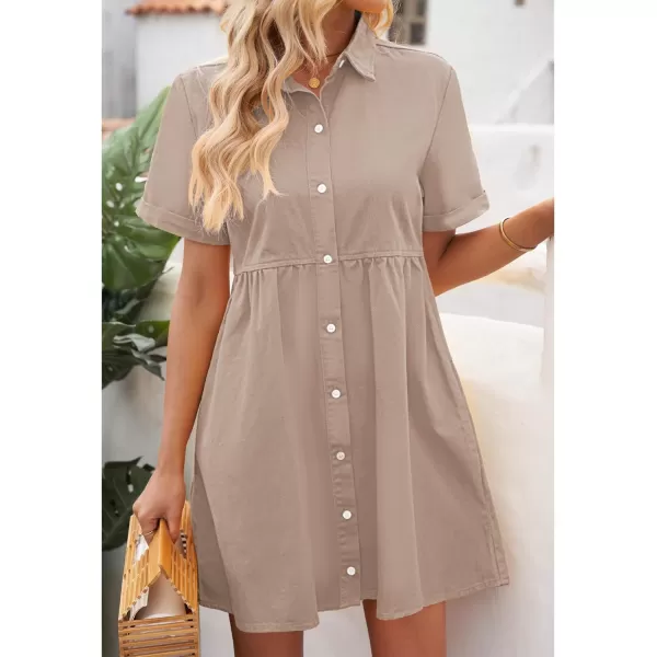 GRAPENT Denim Dress for Women Babydoll Tiered Short Sleeve Button Down Jean Shirt DressesLight Taupe