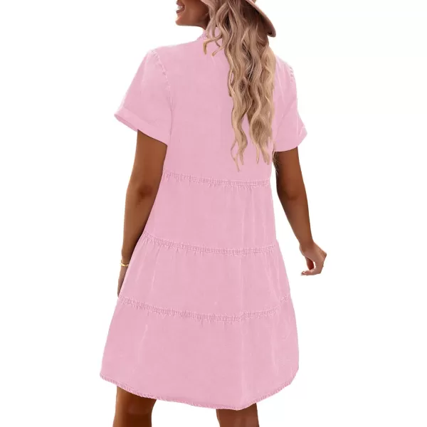 GRAPENT Denim Dress for Women Babydoll Tiered Short Sleeve Button Down Jean Shirt DressesParfait Pink