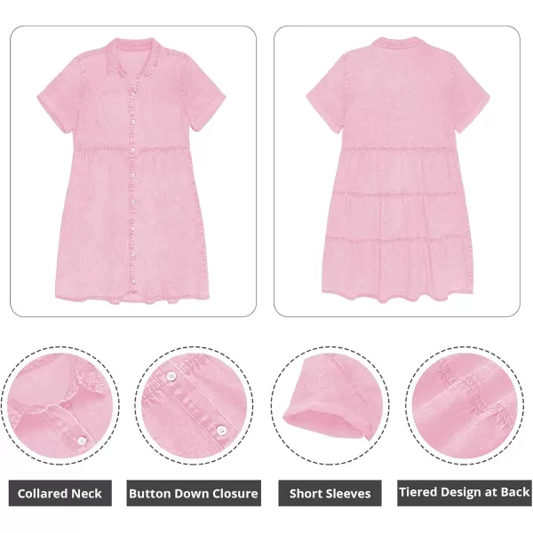 GRAPENT Denim Dress for Women Babydoll Tiered Short Sleeve Button Down Jean Shirt DressesParfait Pink