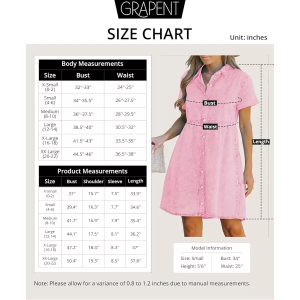 GRAPENT Denim Dress for Women Babydoll Tiered Short Sleeve Button Down Jean Shirt DressesParfait Pink