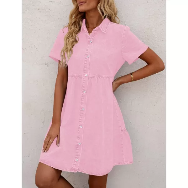 GRAPENT Denim Dress for Women Babydoll Tiered Short Sleeve Button Down Jean Shirt DressesParfait Pink