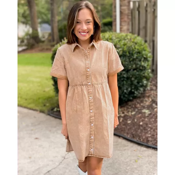 GRAPENT Denim Dress for Women Babydoll Tiered Short Sleeve Button Down Jean Shirt DressesPecan Brown