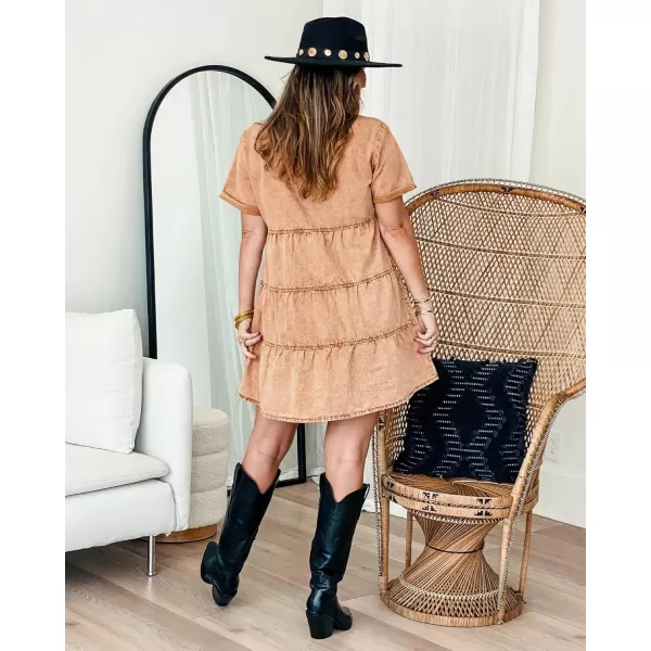 GRAPENT Denim Dress for Women Babydoll Tiered Short Sleeve Button Down Jean Shirt DressesPecan Brown