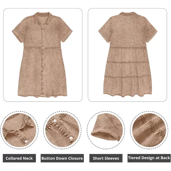 GRAPENT Denim Dress for Women Babydoll Tiered Short Sleeve Button Down Jean Shirt DressesPecan Brown