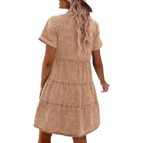 GRAPENT Denim Dress for Women Babydoll Tiered Short Sleeve Button Down Jean Shirt DressesPecan Brown