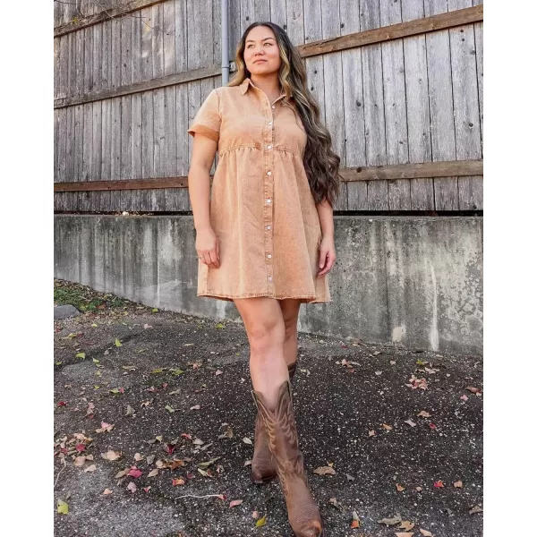 GRAPENT Denim Dress for Women Babydoll Tiered Short Sleeve Button Down Jean Shirt DressesPecan Brown