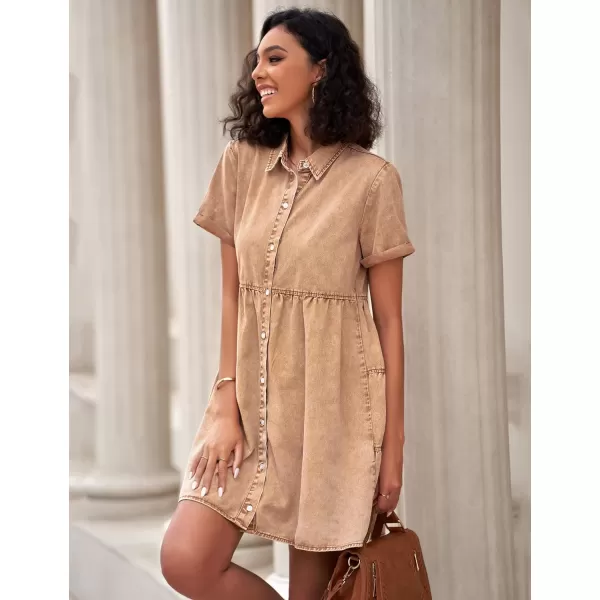 GRAPENT Denim Dress for Women Babydoll Tiered Short Sleeve Button Down Jean Shirt DressesPecan Brown
