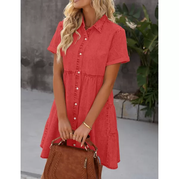 GRAPENT Denim Dress for Women Babydoll Tiered Short Sleeve Button Down Jean Shirt DressesPoppy Red