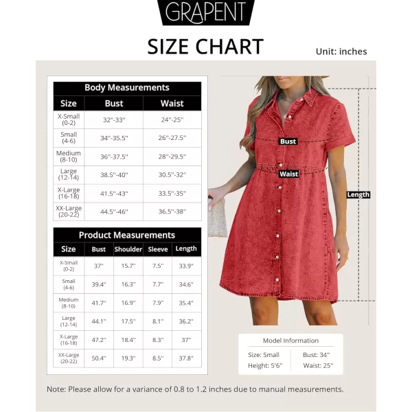 GRAPENT Denim Dress for Women Babydoll Tiered Short Sleeve Button Down Jean Shirt DressesPoppy Red