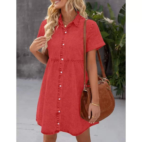 GRAPENT Denim Dress for Women Babydoll Tiered Short Sleeve Button Down Jean Shirt DressesPoppy Red