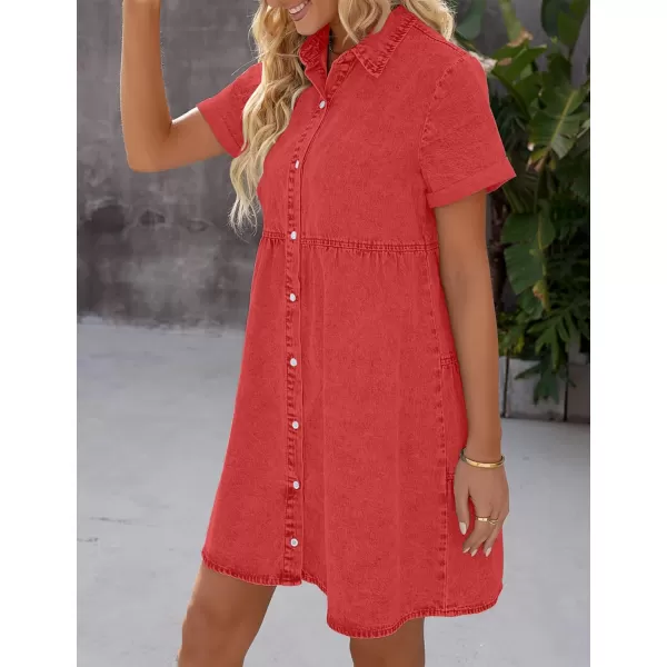 GRAPENT Denim Dress for Women Babydoll Tiered Short Sleeve Button Down Jean Shirt DressesPoppy Red