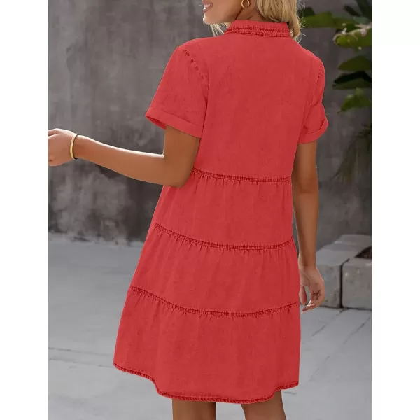 GRAPENT Denim Dress for Women Babydoll Tiered Short Sleeve Button Down Jean Shirt DressesPoppy Red