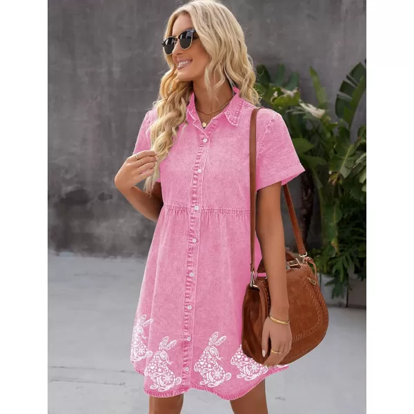 GRAPENT Denim Dress for Women Babydoll Tiered Short Sleeve Button Down Jean Shirt DressesRabbit Printpink