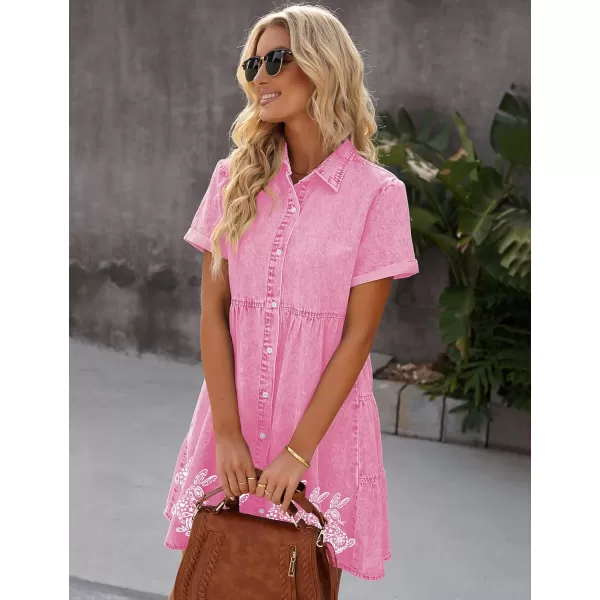 GRAPENT Denim Dress for Women Babydoll Tiered Short Sleeve Button Down Jean Shirt DressesRabbit Printpink
