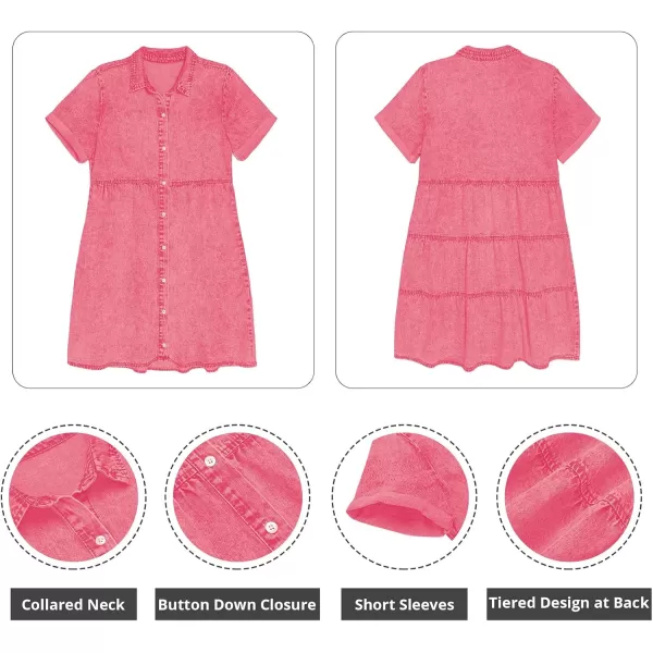 GRAPENT Denim Dress for Women Babydoll Tiered Short Sleeve Button Down Jean Shirt DressesRaspberry