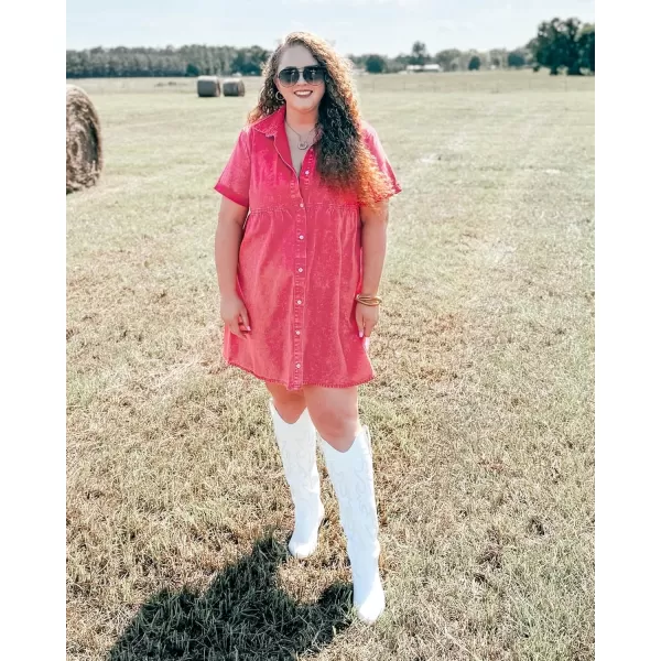 GRAPENT Denim Dress for Women Babydoll Tiered Short Sleeve Button Down Jean Shirt DressesRaspberry