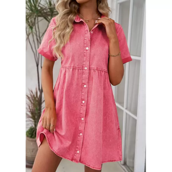 GRAPENT Denim Dress for Women Babydoll Tiered Short Sleeve Button Down Jean Shirt DressesRaspberry