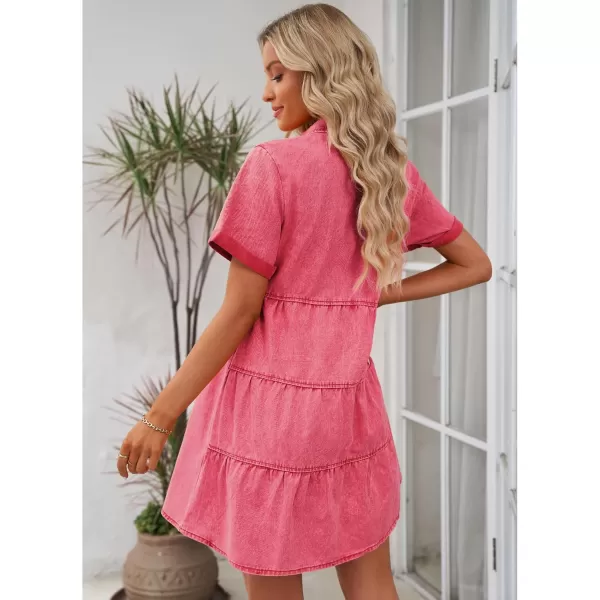 GRAPENT Denim Dress for Women Babydoll Tiered Short Sleeve Button Down Jean Shirt DressesRaspberry