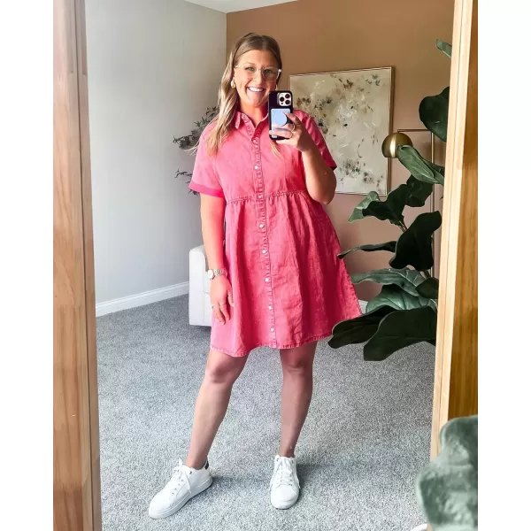 GRAPENT Denim Dress for Women Babydoll Tiered Short Sleeve Button Down Jean Shirt DressesRaspberry