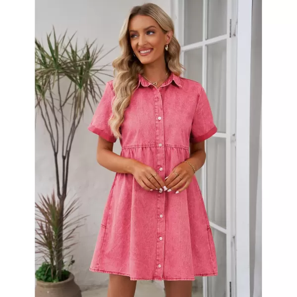 GRAPENT Denim Dress for Women Babydoll Tiered Short Sleeve Button Down Jean Shirt DressesRaspberry