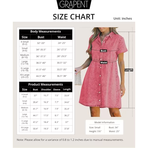 GRAPENT Denim Dress for Women Babydoll Tiered Short Sleeve Button Down Jean Shirt DressesRaspberry