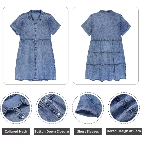GRAPENT Denim Dress for Women Babydoll Tiered Short Sleeve Button Down Jean Shirt DressesReef Blue