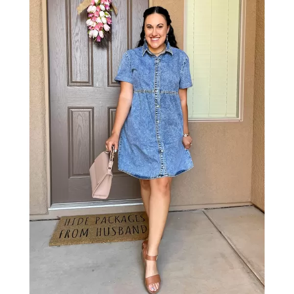 GRAPENT Denim Dress for Women Babydoll Tiered Short Sleeve Button Down Jean Shirt DressesReef Blue