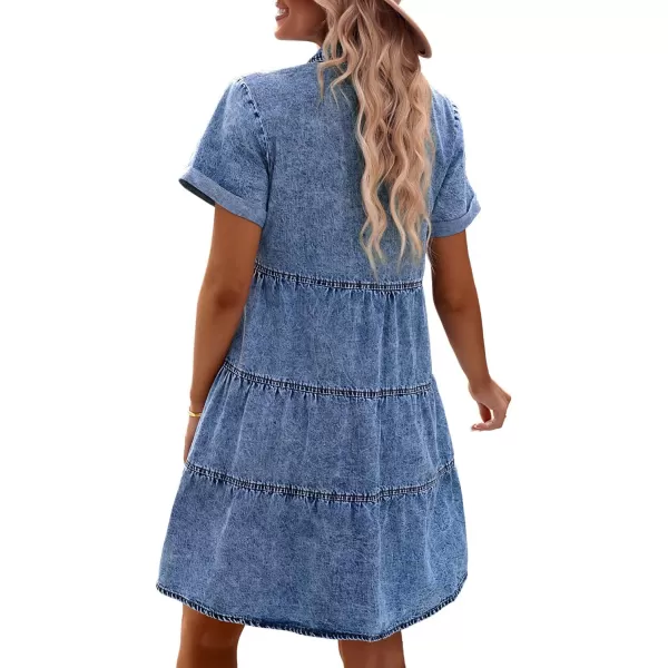 GRAPENT Denim Dress for Women Babydoll Tiered Short Sleeve Button Down Jean Shirt DressesReef Blue