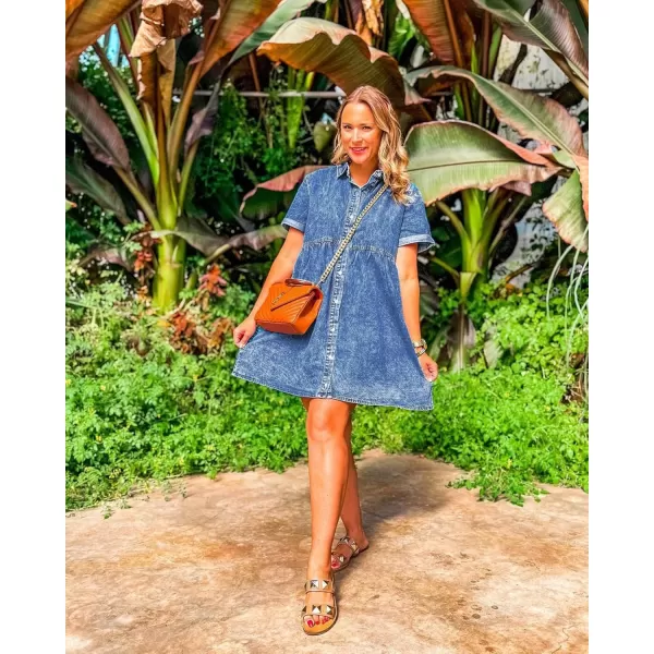 GRAPENT Denim Dress for Women Babydoll Tiered Short Sleeve Button Down Jean Shirt DressesReef Blue