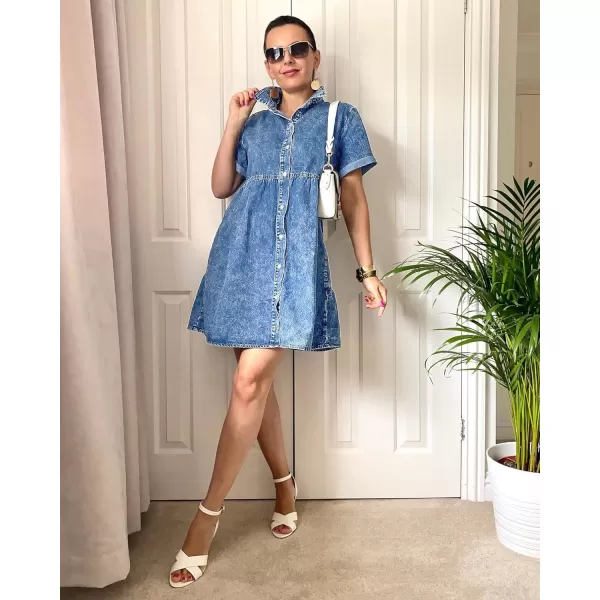 GRAPENT Denim Dress for Women Babydoll Tiered Short Sleeve Button Down Jean Shirt DressesReef Blue