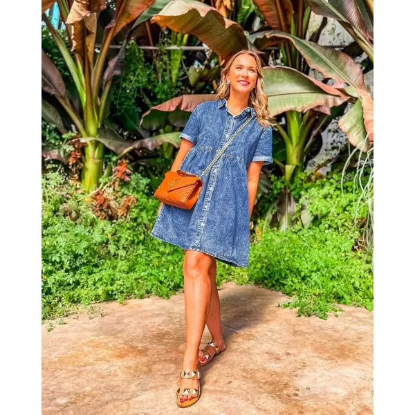 GRAPENT Denim Dress for Women Babydoll Tiered Short Sleeve Button Down Jean Shirt DressesReef Blue